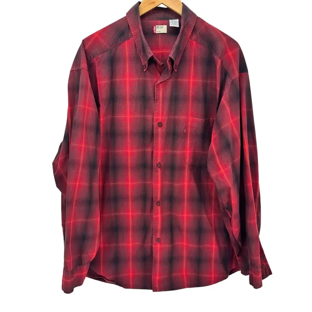 Levi's Shirt Mens 2XL Red Plaid Button Down‎ Red Tab Long Sleeve Cotton Vintage